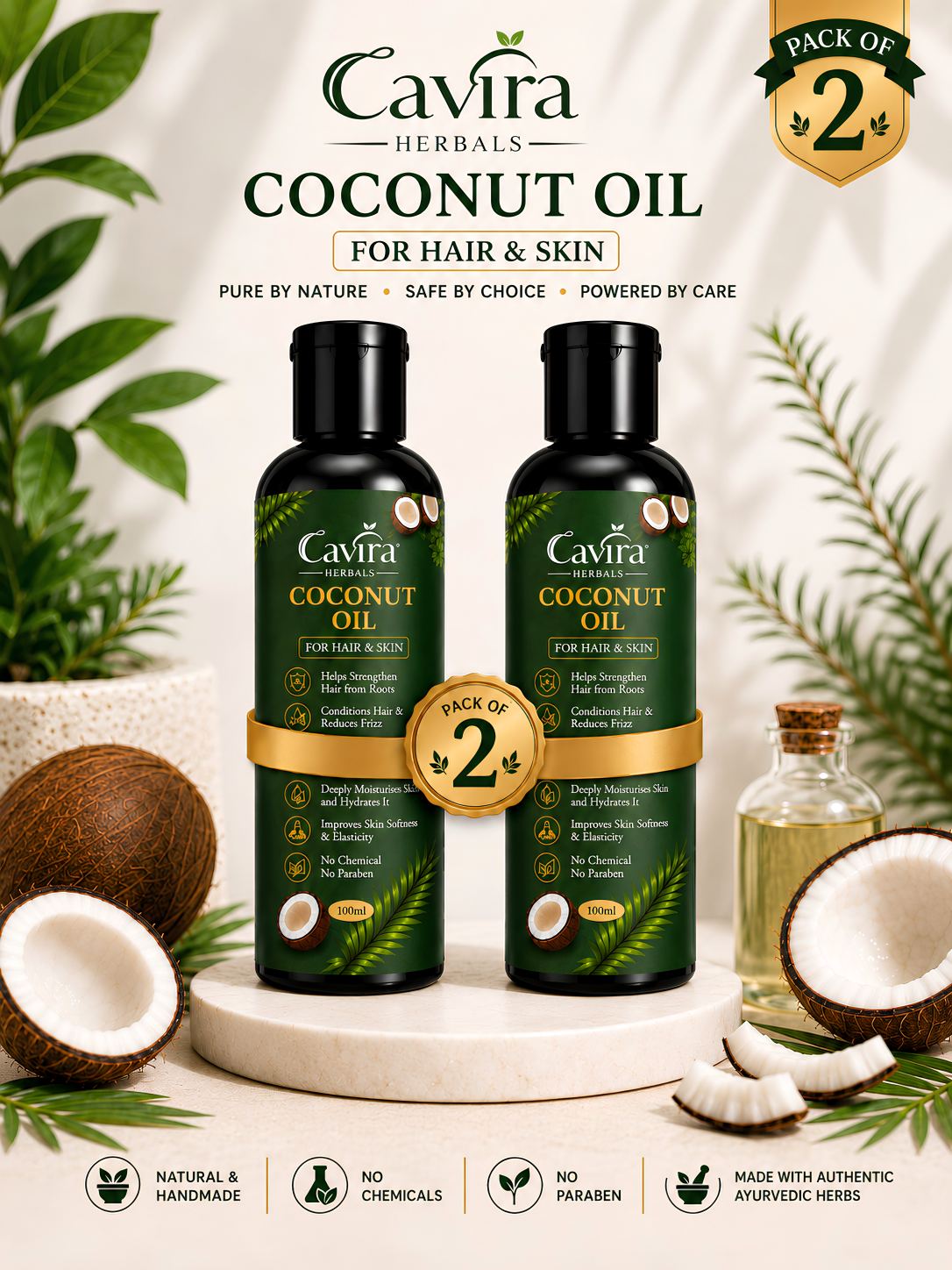 Cavira Herbals Coconut Oil for Hair & Skin 100ml | Pure Coconut Oil for Hair Growth, Anti-Frizz, Scalp Nourishment & Skin Moisturizing