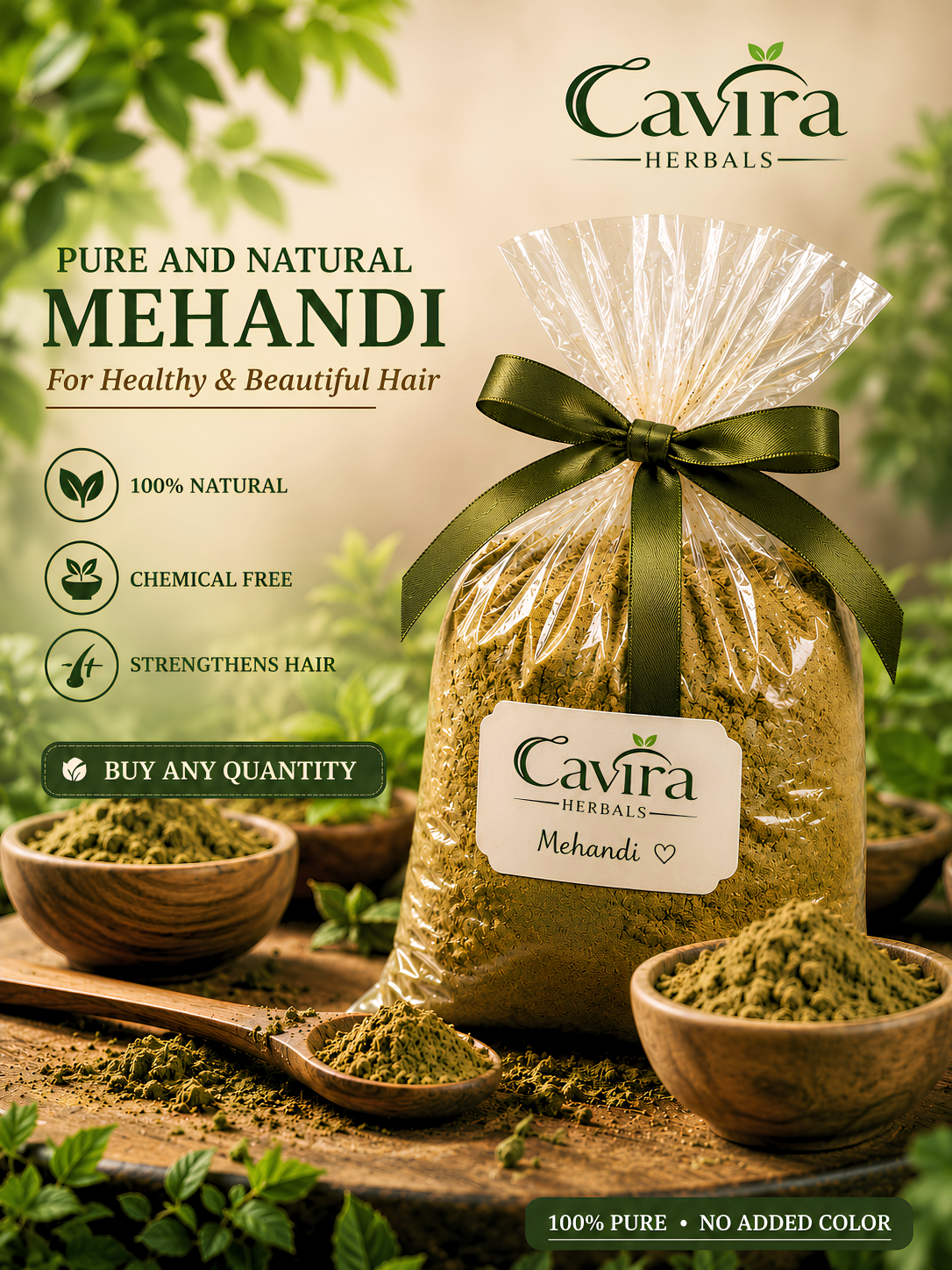 Cavira Herbals Natural Mehndi Powder for Hair | Herbal Henna, Chemical-Free Hair Color, Dandruff Control & Natural Shine | For Men & Women