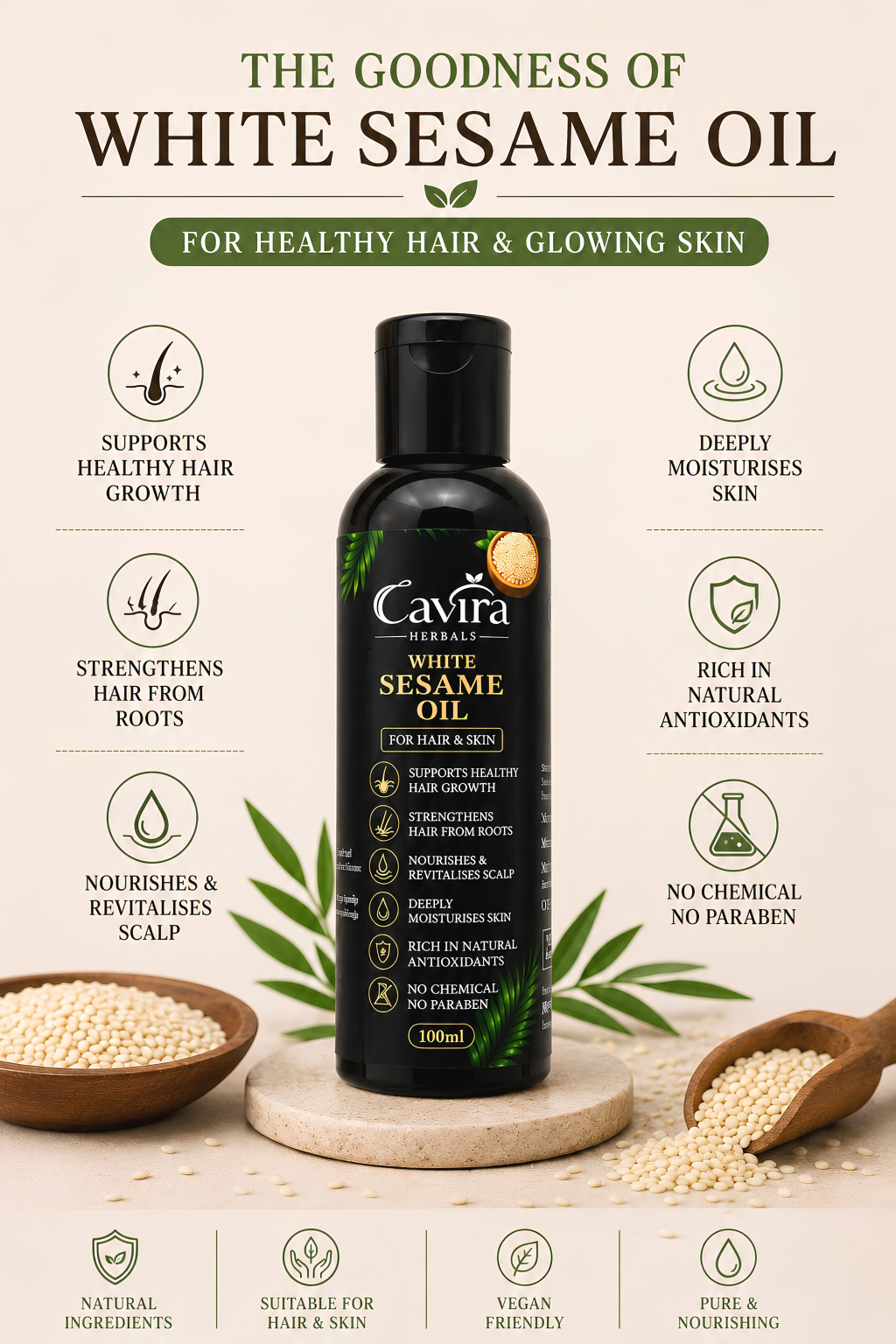Cavira Herbals Pure White Sesame Oil for Hair & Skin | Cold Pressed Til Oil for Hair Growth, Scalp Nourishment, Moisturizing & Glowing Skin | Natural Care for Men & Women- 100ml - Image 2