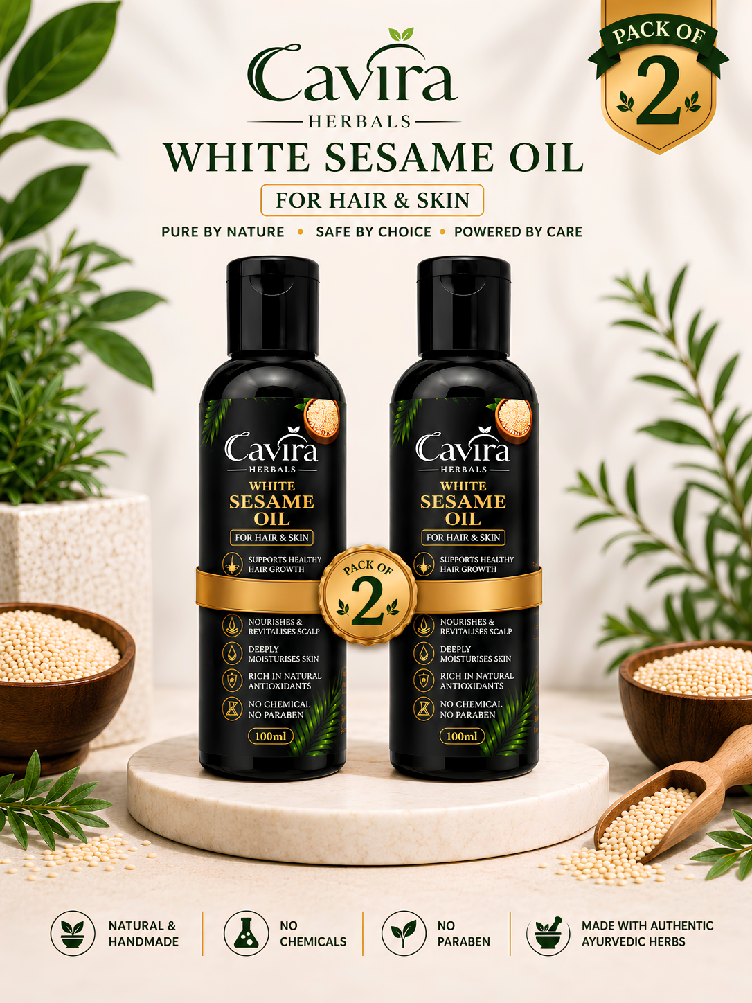 Cavira Herbals Pure White Sesame Oil for Hair & Skin | Cold Pressed Til Oil for Hair Growth, Scalp Nourishment, Moisturizing & Glowing Skin | Natural Care for Men & Women- 100ml Pack of 2