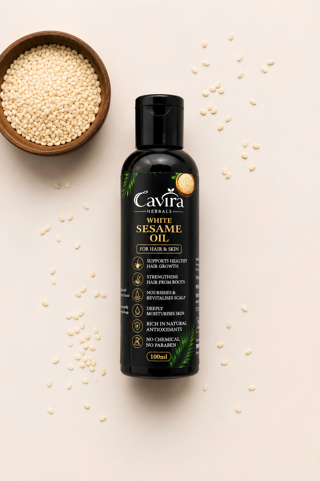 Cavira Herbals Pure White Sesame Oil for Hair & Skin | Cold Pressed Til Oil for Hair Growth, Scalp Nourishment, Moisturizing & Glowing Skin | Natural Care for Men & Women- 100ml